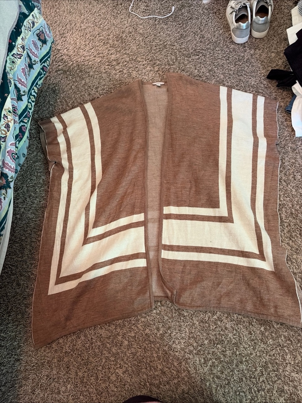 Women's Open-Front Brown and Cream Knit Sweater
